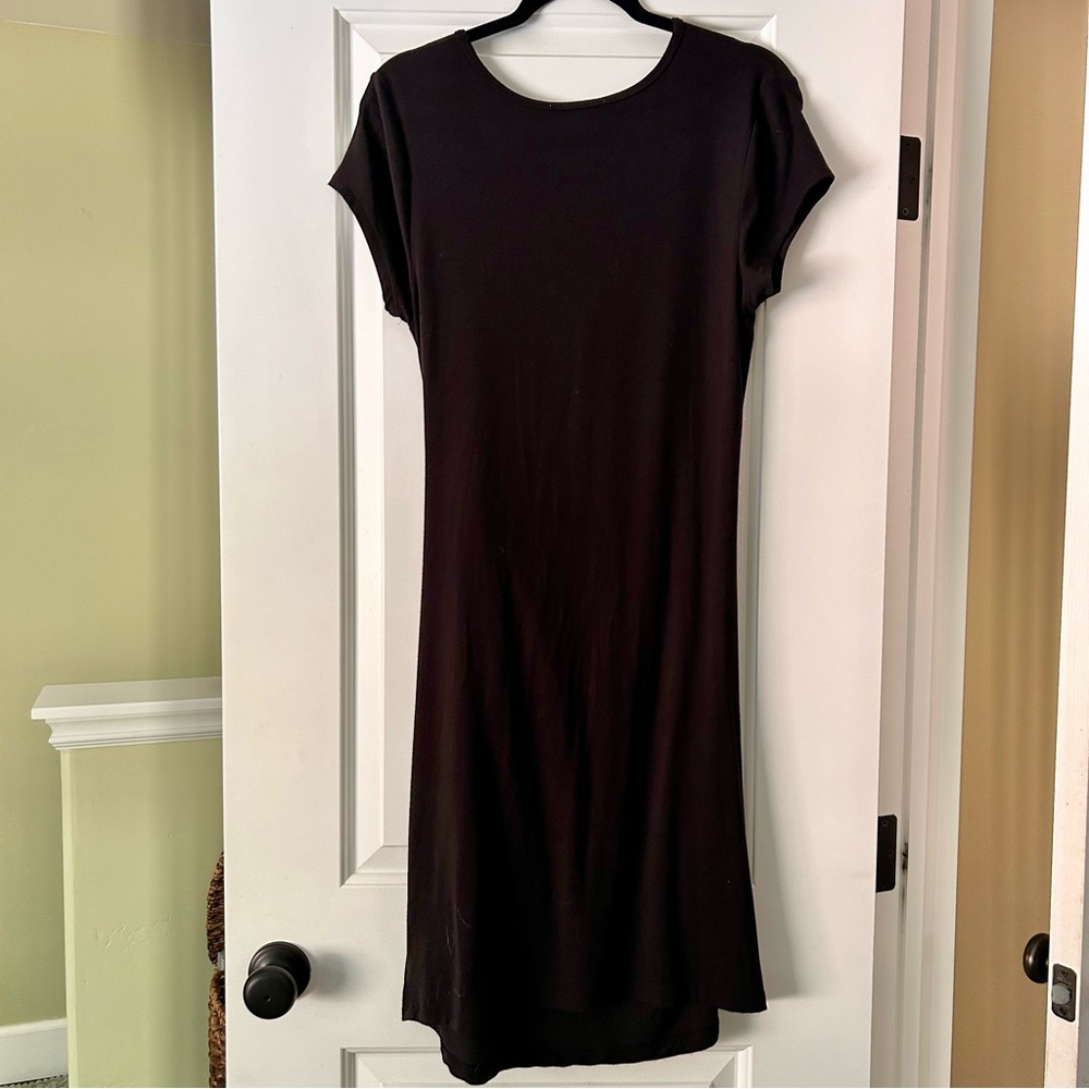 Magaschoni Knit Short Sleeve Midi Dress with Side Tie Waist Black size Large - Picture 4 of 10